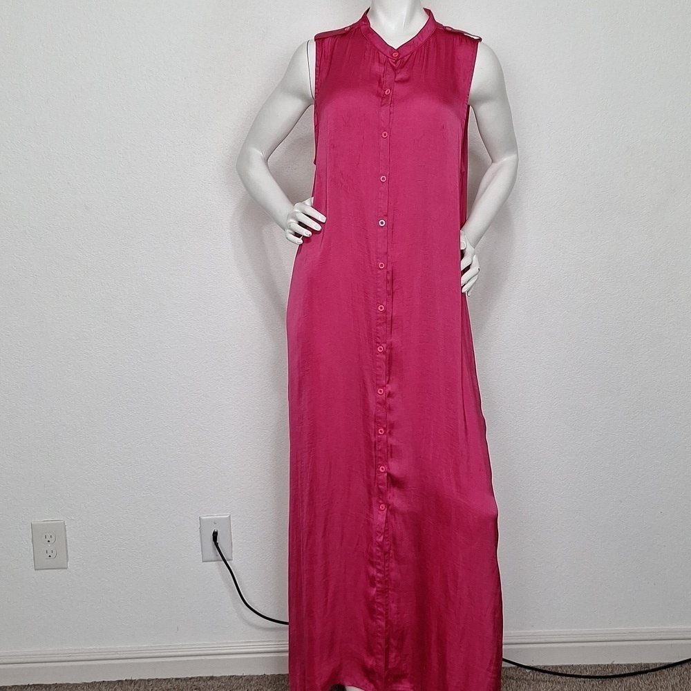 Pink Silky Button Front Coquette Romantic Barbiecore Side Slit Shirt Maxi Dress